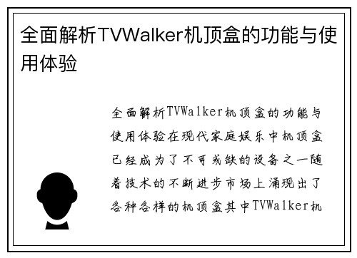 全面解析TVWalker机顶盒的功能与使用体验